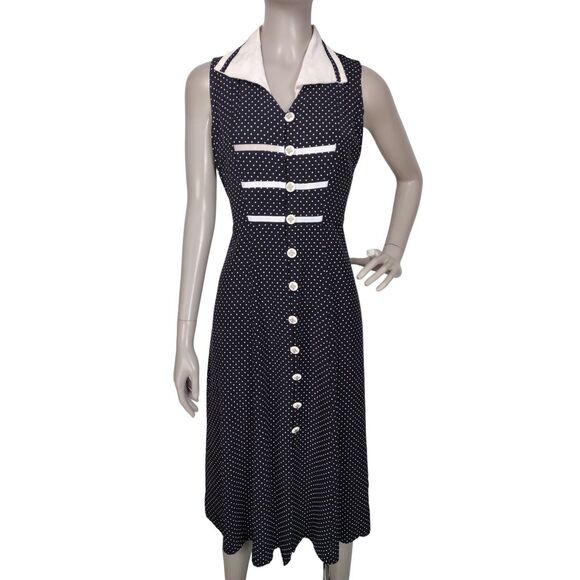 Vintage 80s 90s Black White Swiss Dot Button-Down Tie-Back Midi Dress S/M - Picture 1 of 11
